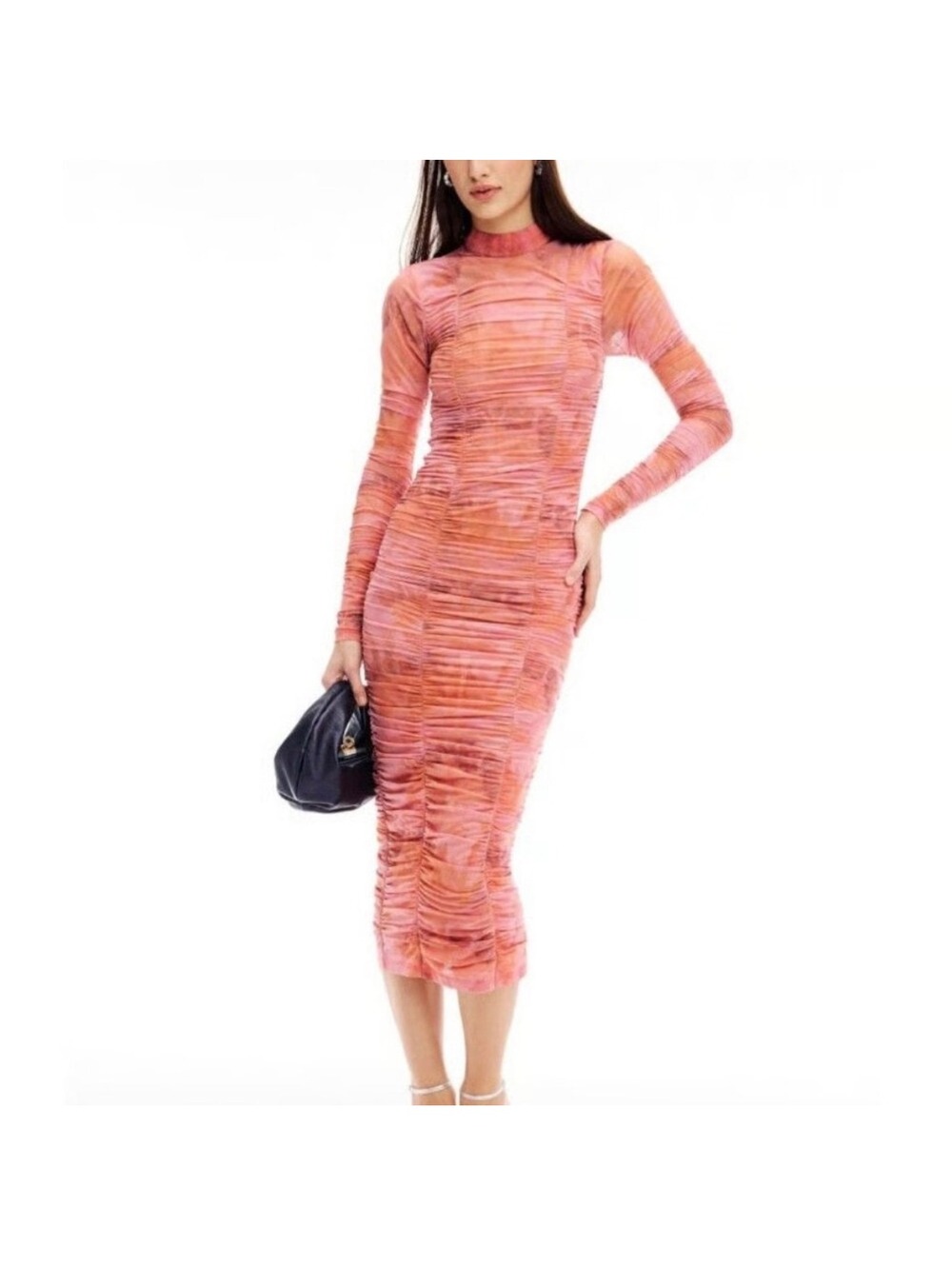 Rococo Sand Mabel Pink Orange Tie Dye Ruched Mesh Midi Dress M